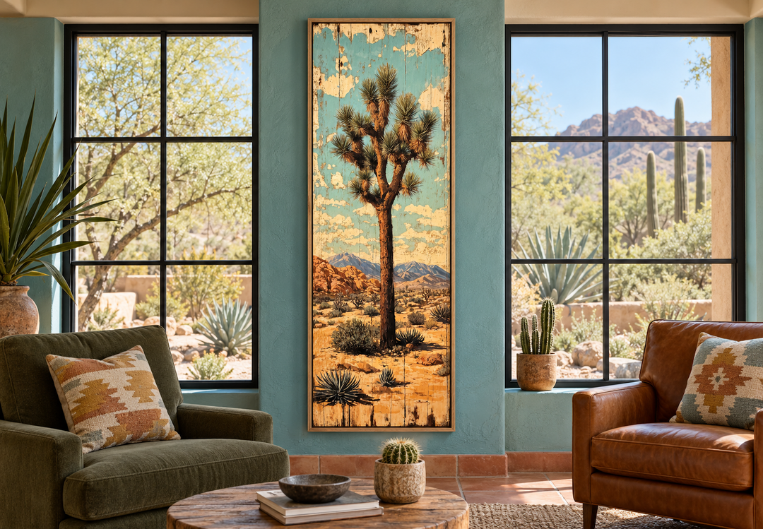 Tall narrow vertical canvas wall art of a Joshua Tree in a desert landscape with a blue sky.