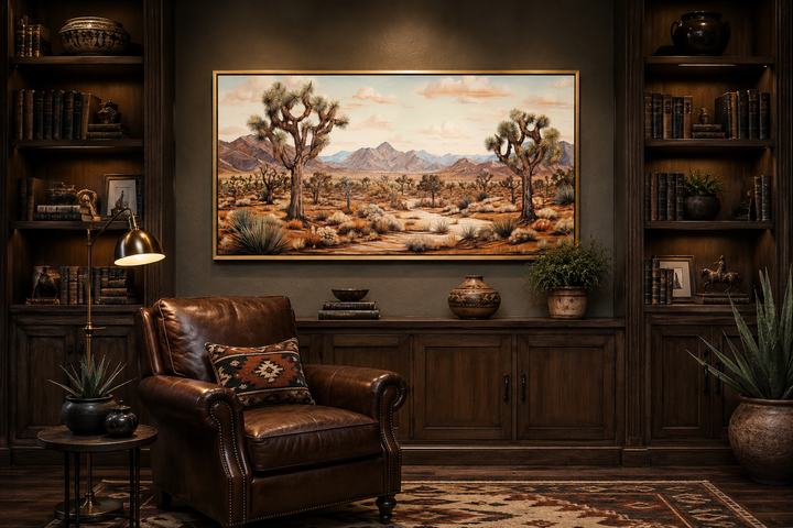 Framed Joshua tree desert landscape painting on canvas in a rustic study with a leather chair.