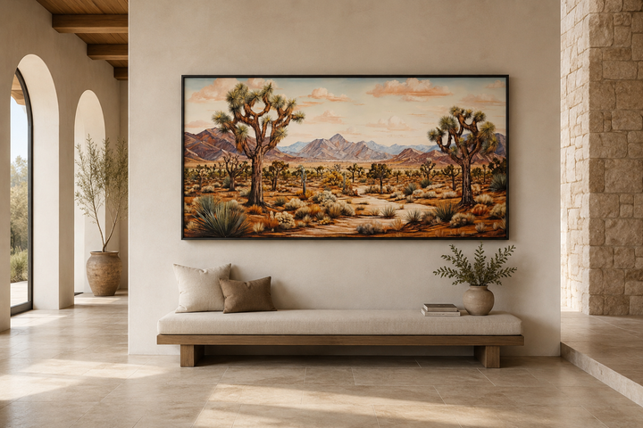 Framed Joshua tree desert landscape painting on canvas above a wooden bench in a rustic room.