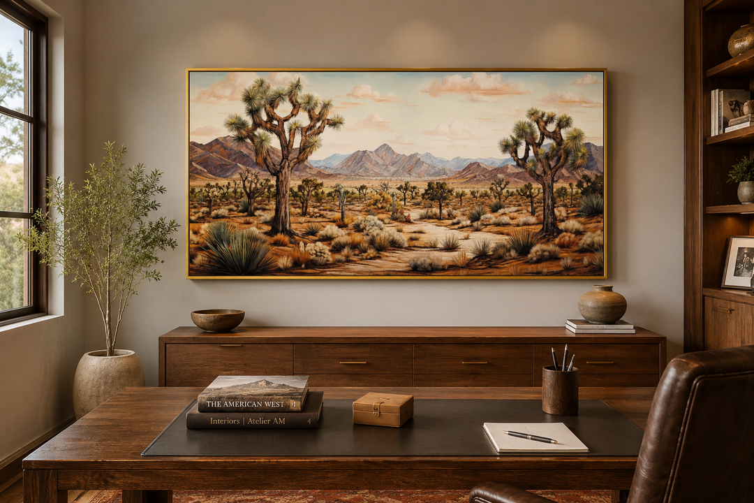 Framed Joshua tree desert landscape painting on canvas hanging above a wooden desk in an office.
