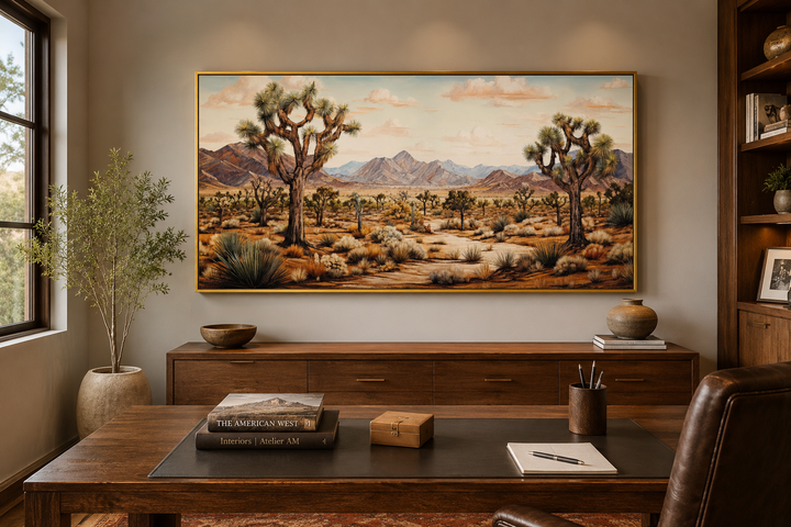 Framed Joshua tree desert landscape painting on canvas hanging above a wooden desk in an office.