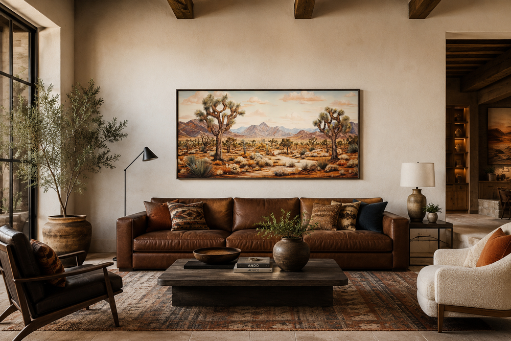 Framed Joshua tree desert landscape canvas painting above a brown leather sofa in a rustic room.