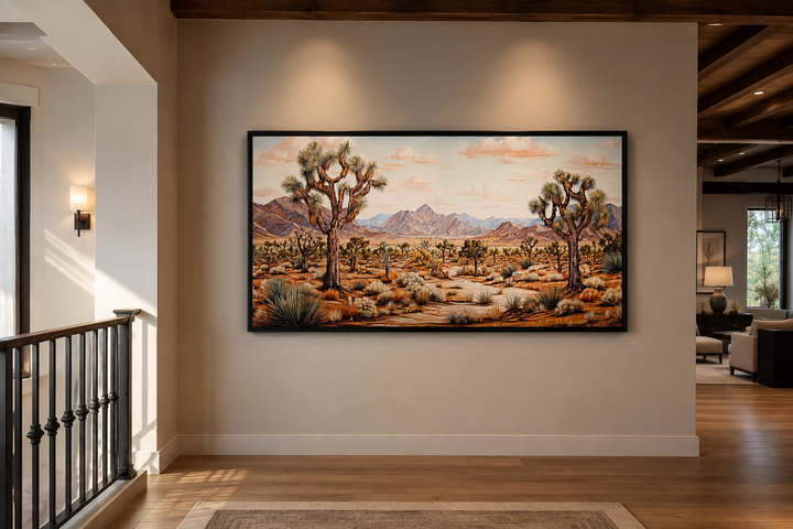 Framed Joshua tree desert landscape painting on a neutral wall in a modern rustic home entryway.