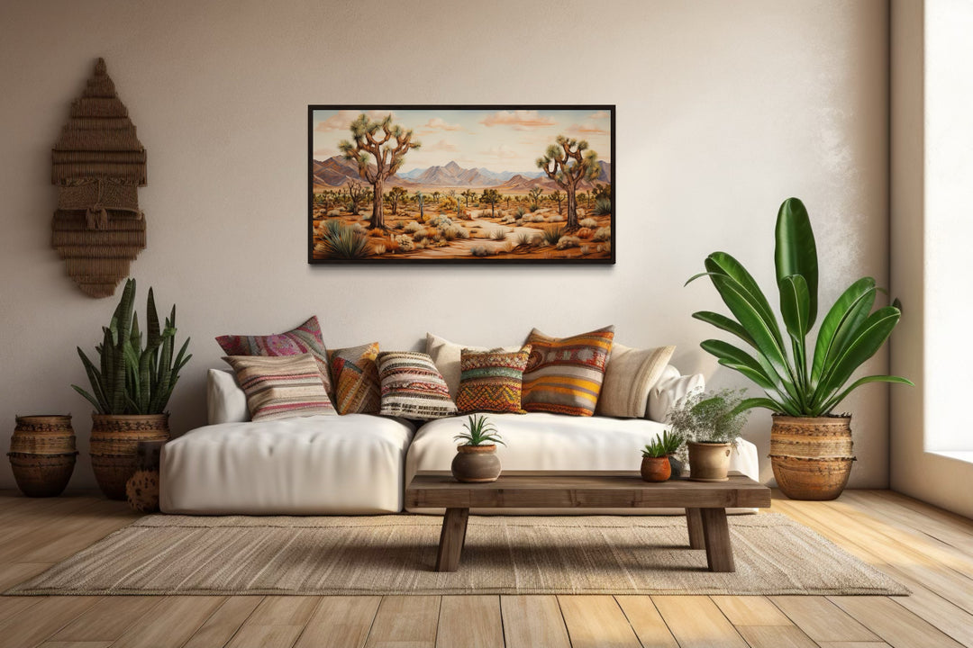 Framed Arizona canvas painting of Joshua trees in a desert landscape above a white sofa.