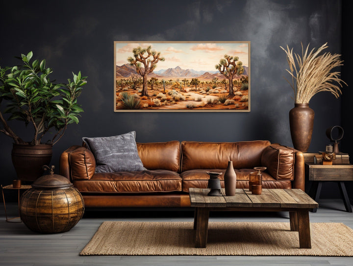 Framed Joshua tree desert landscape painting on a dark wall above a brown leather sofa.
