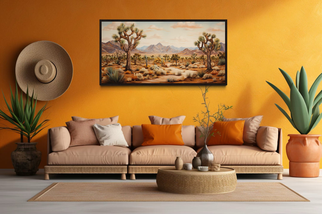 Framed Joshua tree desert landscape canvas painting on an orange wall above a tan sofa.