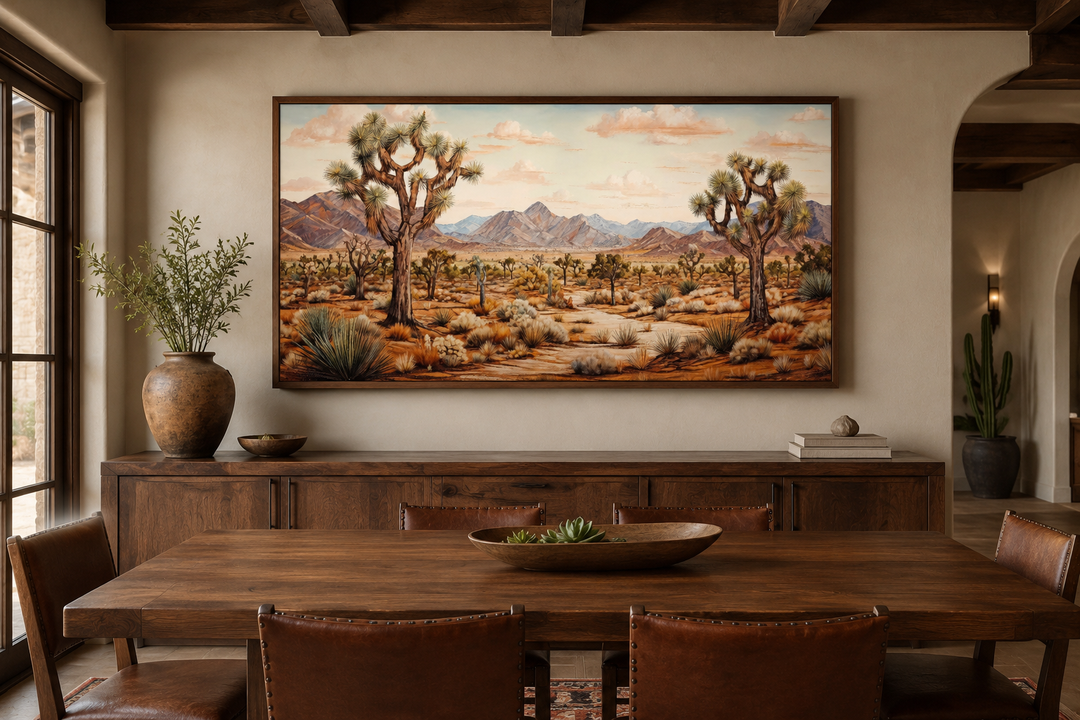 Framed Joshua tree desert landscape canvas painting above a rustic wooden sideboard.