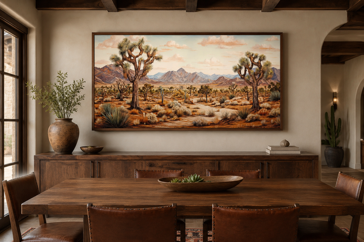 Framed Joshua tree desert landscape canvas painting above a rustic wooden sideboard.