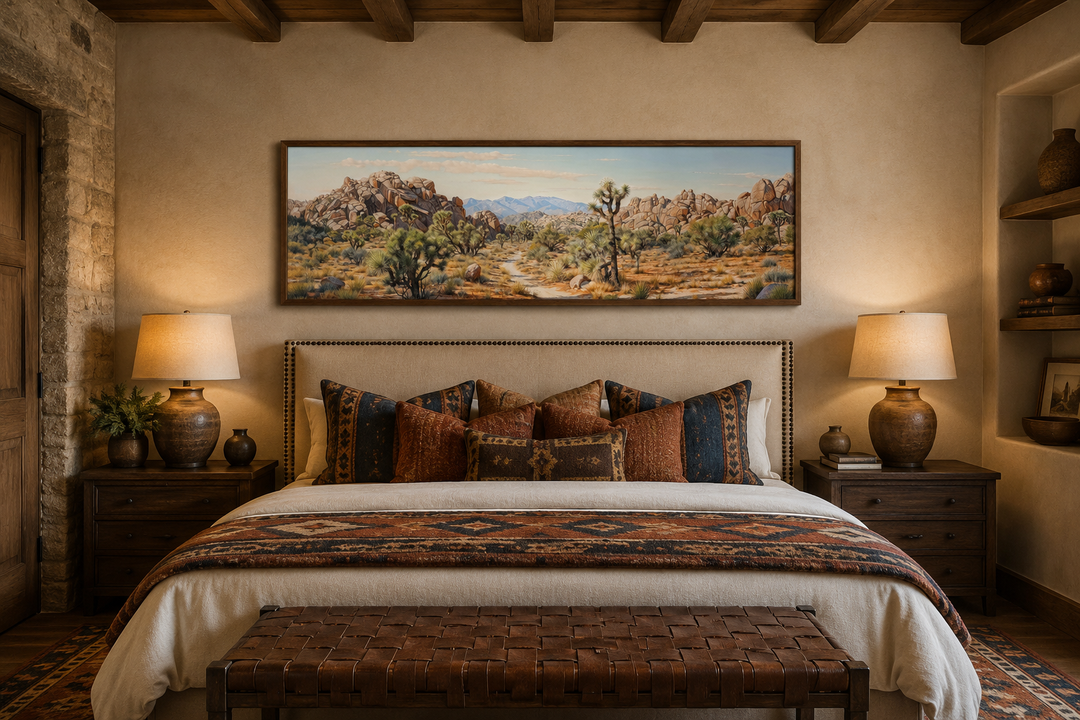 Joshua Tree National Park horizontal canvas wall art above a bed in a Southwestern style bedroom.