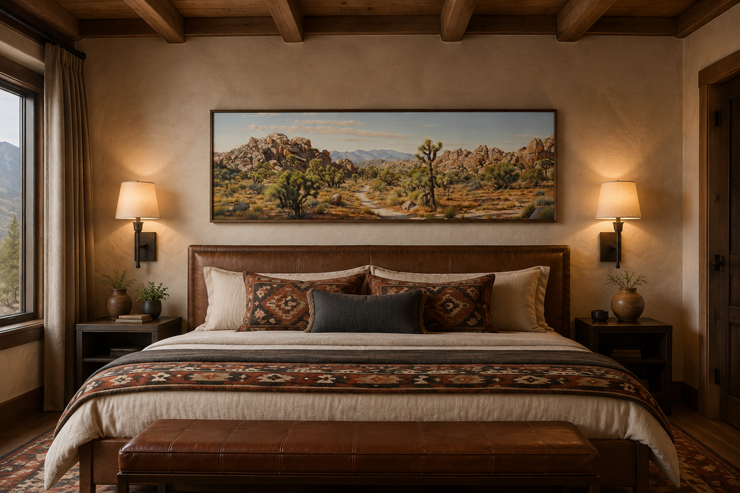 Panoramic Joshua Tree National Park canvas wall art above a bed in a rustic Southwestern bedroom.