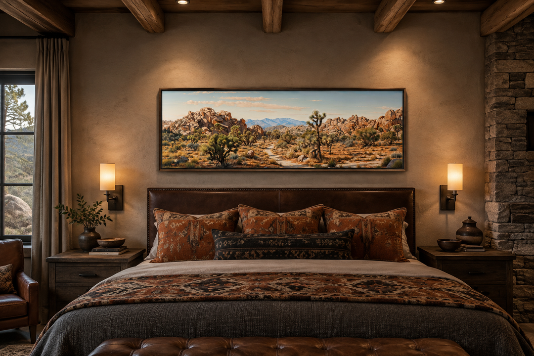 Panoramic Joshua Tree National Park canvas wall art above a bed in a rustic Southwestern bedroom.