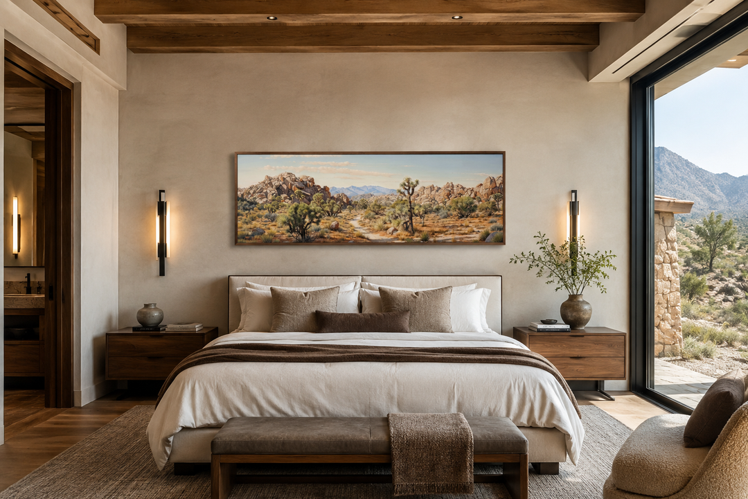 Joshua Tree National Park horizontal canvas wall art above a bed in a desert-inspired bedroom.