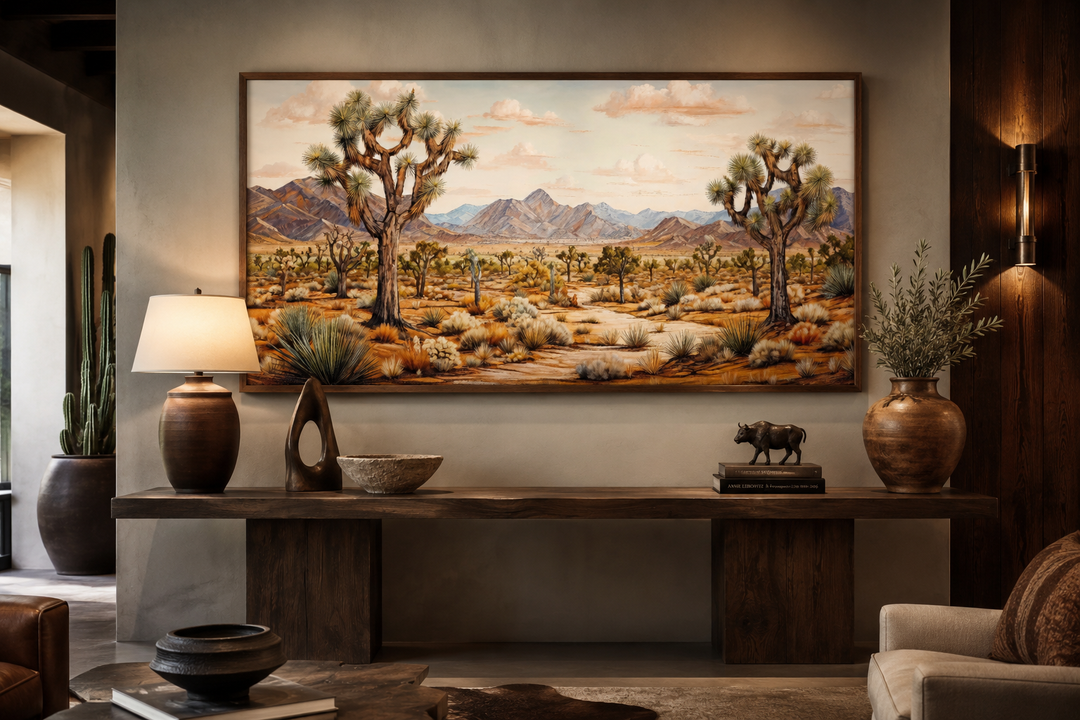 Framed Joshua tree desert landscape painting on canvas above a rustic wooden console table.