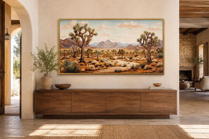 Framed Joshua tree desert landscape painting on canvas above a wooden sideboard in a rustic room.