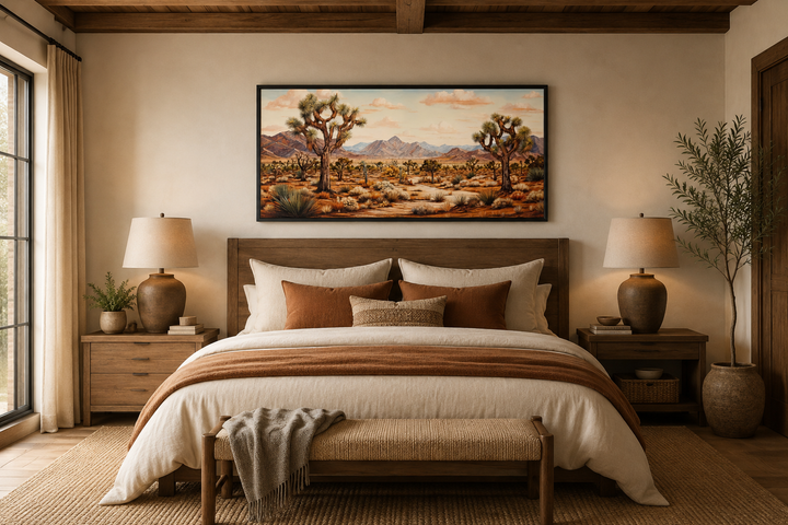 Framed Joshua tree desert landscape painting hanging above a bed in a rustic bedroom.
