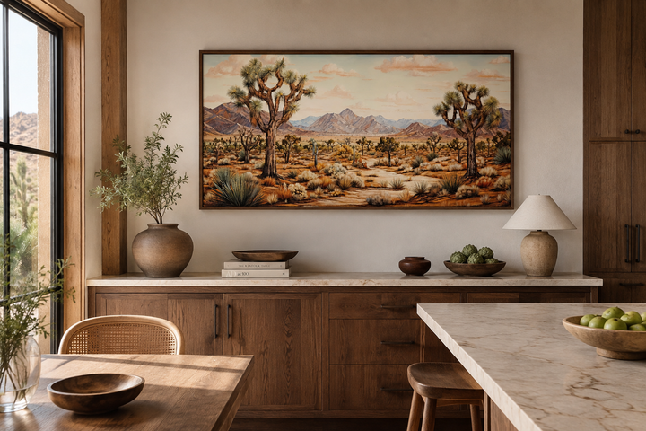 Framed Joshua tree desert landscape painting hanging above a wooden kitchen sideboard.