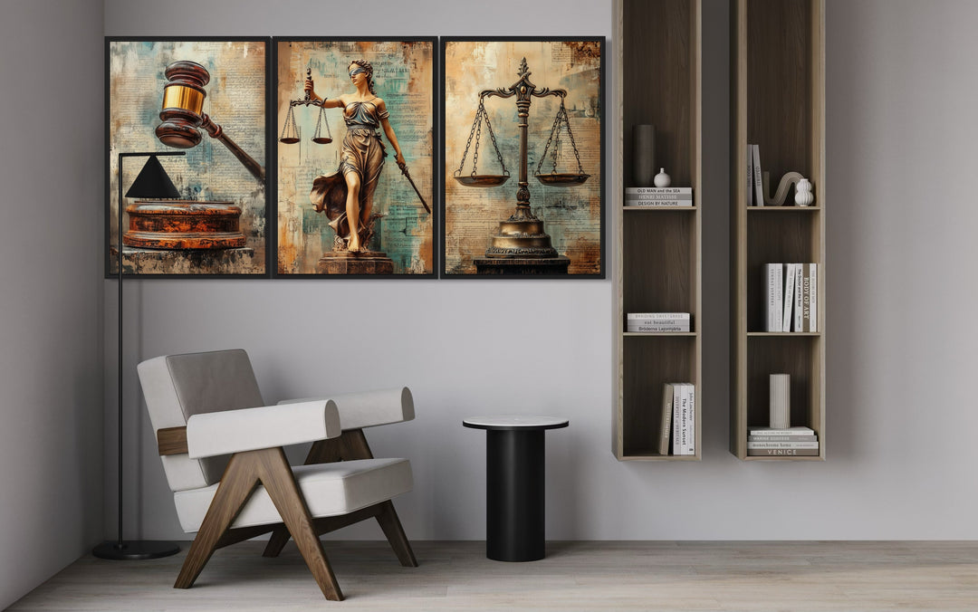 Justice and Law Wall Art Set Of 3 – Scales of Justice, Gavel, and Lady Justice Canvas Prints