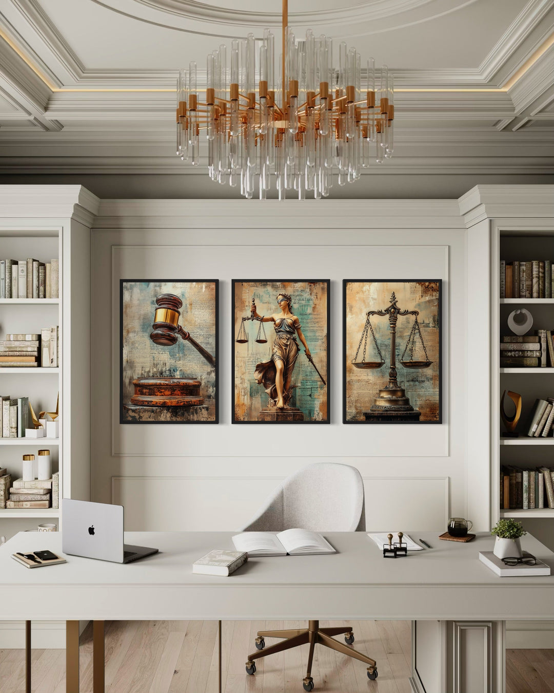 Justice and Law Wall Art Set Of 3 – Scales of Justice, Gavel, and Lady Justice Canvas Prints