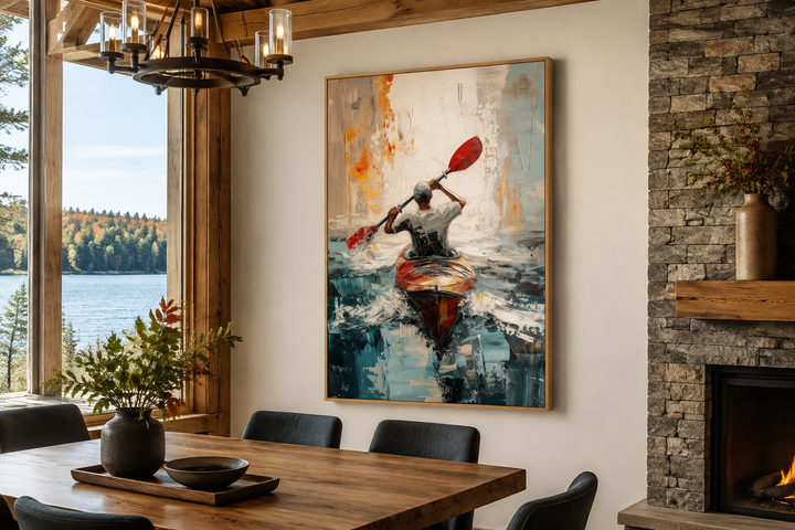 Abstract framed canvas wall art of a kayaker on a lake in a rustic dining room with a fireplace.