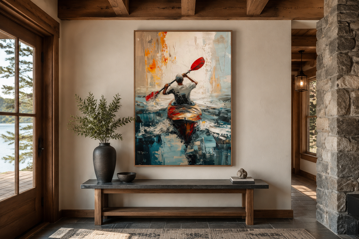 Abstract framed canvas wall art of a kayaker on a lake, styled for cabin or lake house decor.