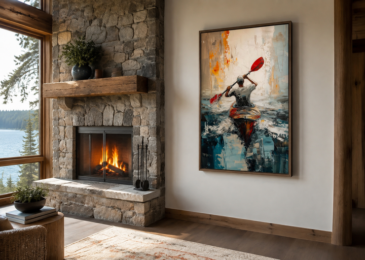 Abstract framed canvas wall art of a kayaker on a lake, displayed above a wooden floor by a fireplace.