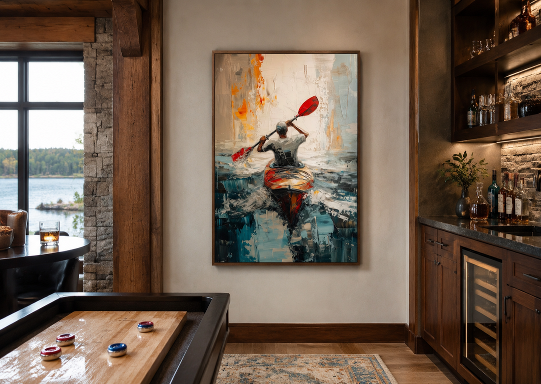 Abstract framed canvas wall art of a kayaker on a lake, displayed in a rustic cabin interior.