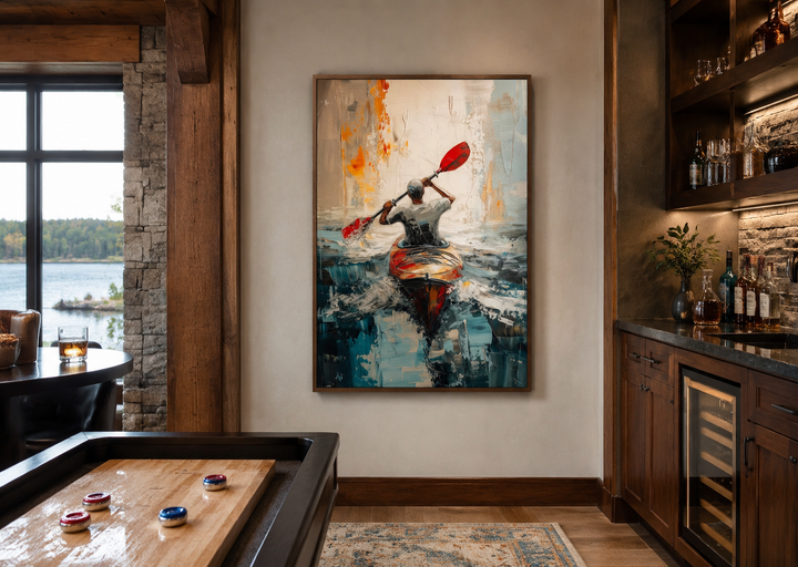 Abstract framed canvas wall art of a kayaker on a lake, displayed in a rustic cabin interior.
