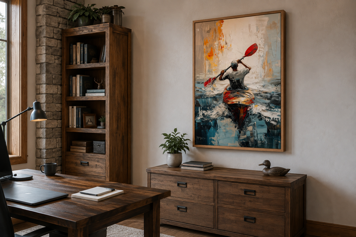 Abstract framed canvas wall art of a kayaker on a lake, displayed in a rustic home office.