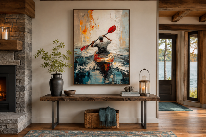 Abstract framed canvas wall art of a kayaker on a lake, displayed above a wooden console table.