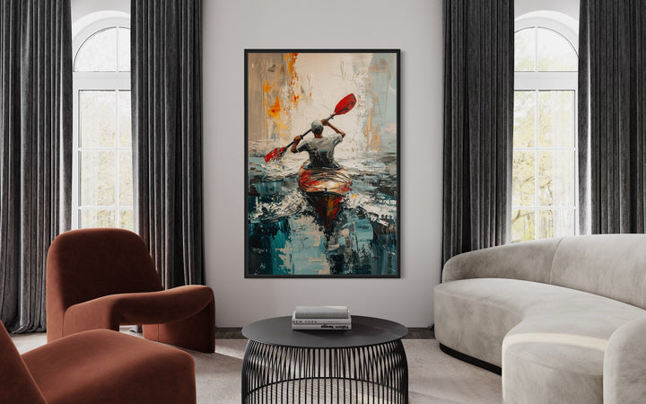 Abstract framed canvas wall art of a kayaker on a lake in a modern living room setting.