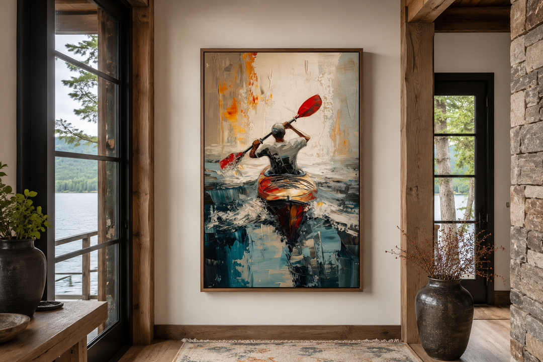 Abstract framed canvas wall art of a kayaker on a lake, featuring bold orange and blue tones.