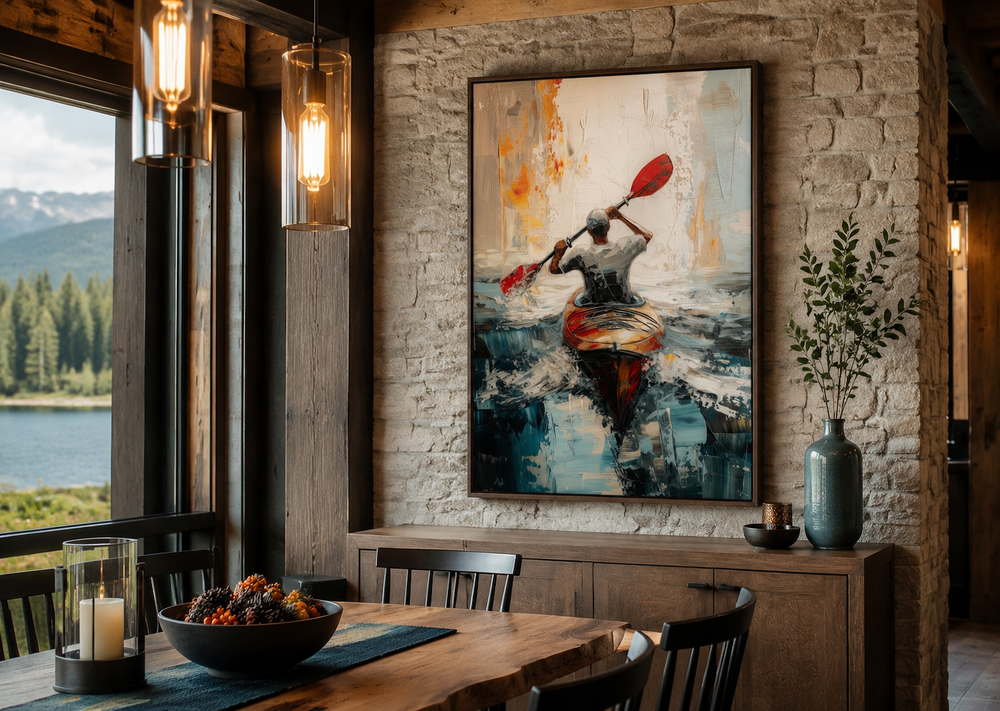 Abstract framed canvas wall art of a kayaker on a lake, displayed in a rustic cabin dining room.
