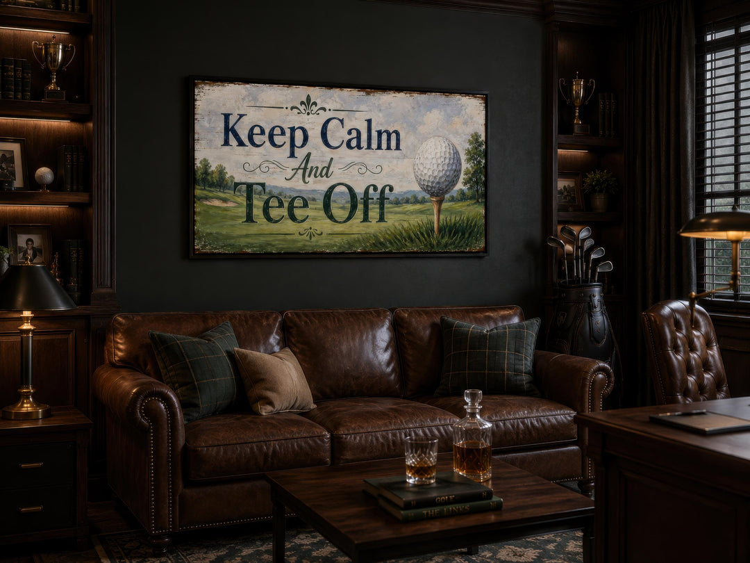 Keep Calm And Tee Off canvas wall art in a dark wood-paneled room with a leather sofa.