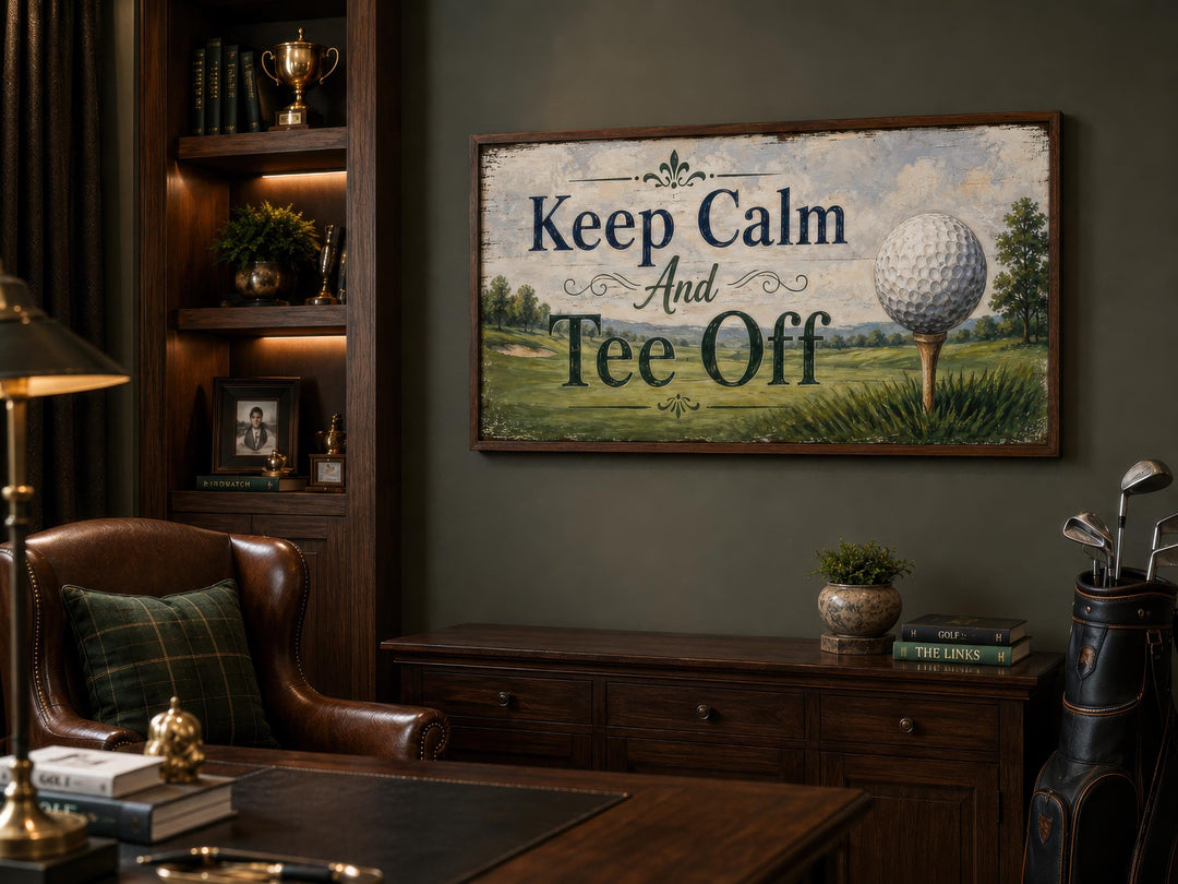 Keep Calm and Tee Off vintage-style canvas wall art in a dark wood-paneled home office.