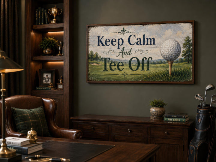 Keep Calm and Tee Off vintage-style canvas wall art in a dark wood-paneled home office.