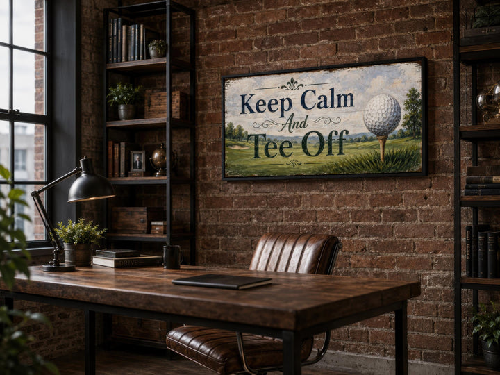 Keep Calm and Tee Off vintage-style golf wall art in a rustic home office with a brick wall.
