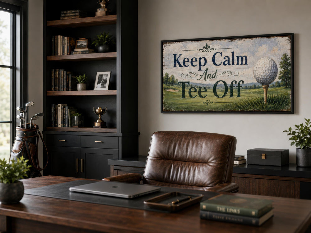 Keep Calm and Tee Off canvas wall art in a home office with a leather chair and golf club bag.
