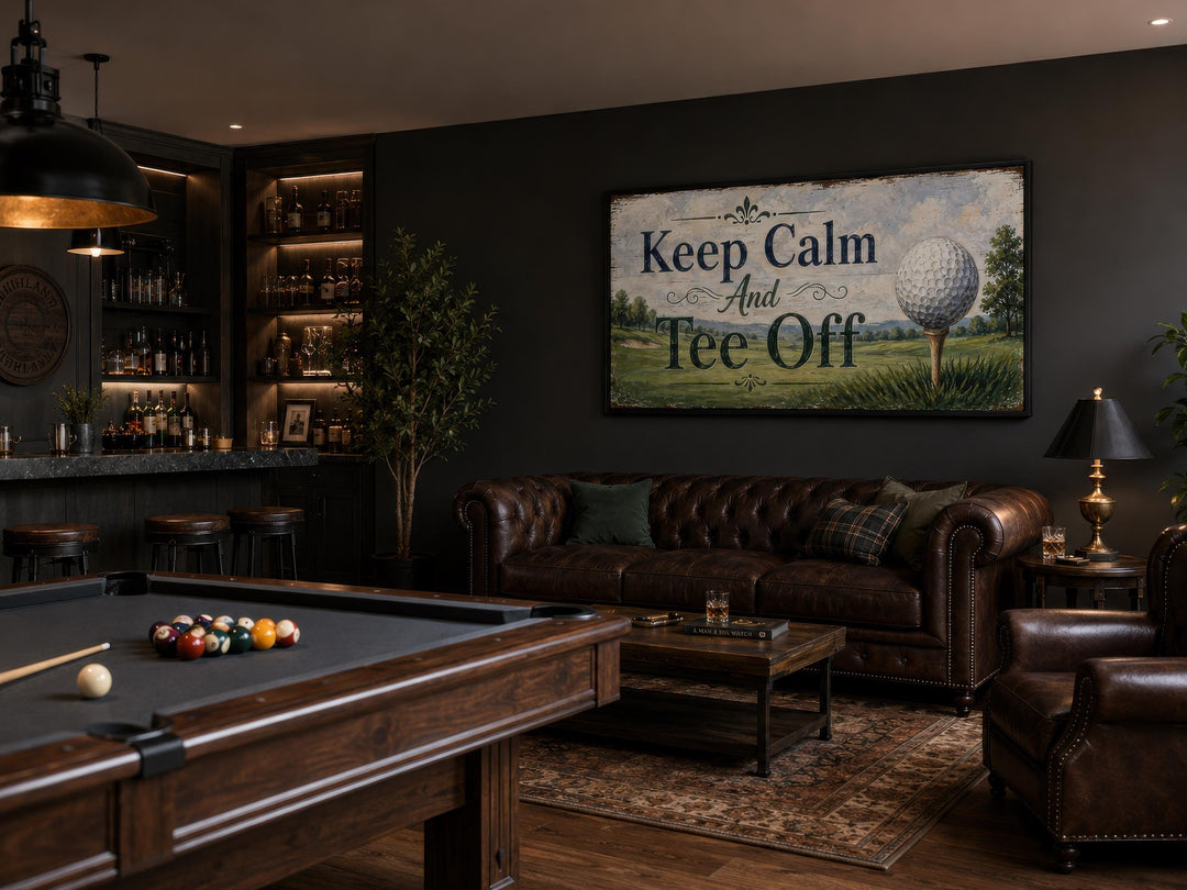 Keep Calm Tee Off vintage golf sign on a dark wall above a leather sofa in a man cave with a bar.