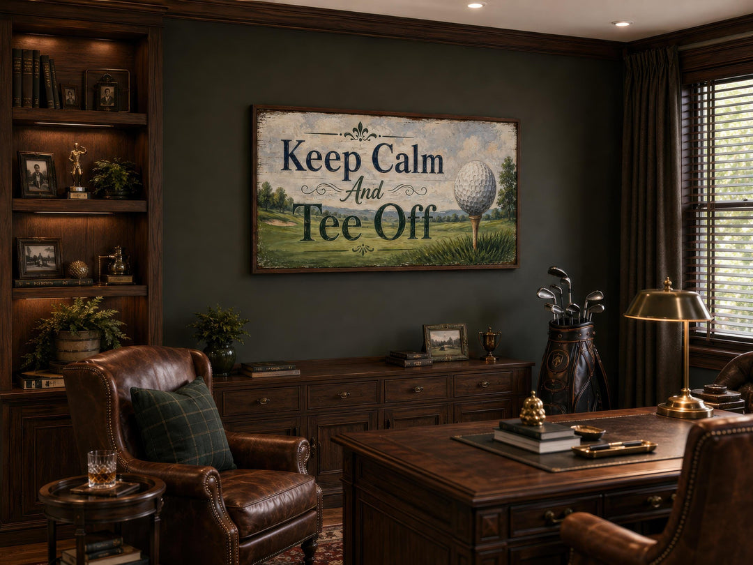 Vintage-style golf wall art with "Keep Calm And Tee Off" text in a dark wood-paneled home office.