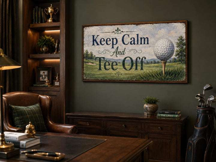 Vintage-style golf wall art with "Keep Calm And Tee Off" text in a classic home office setting.