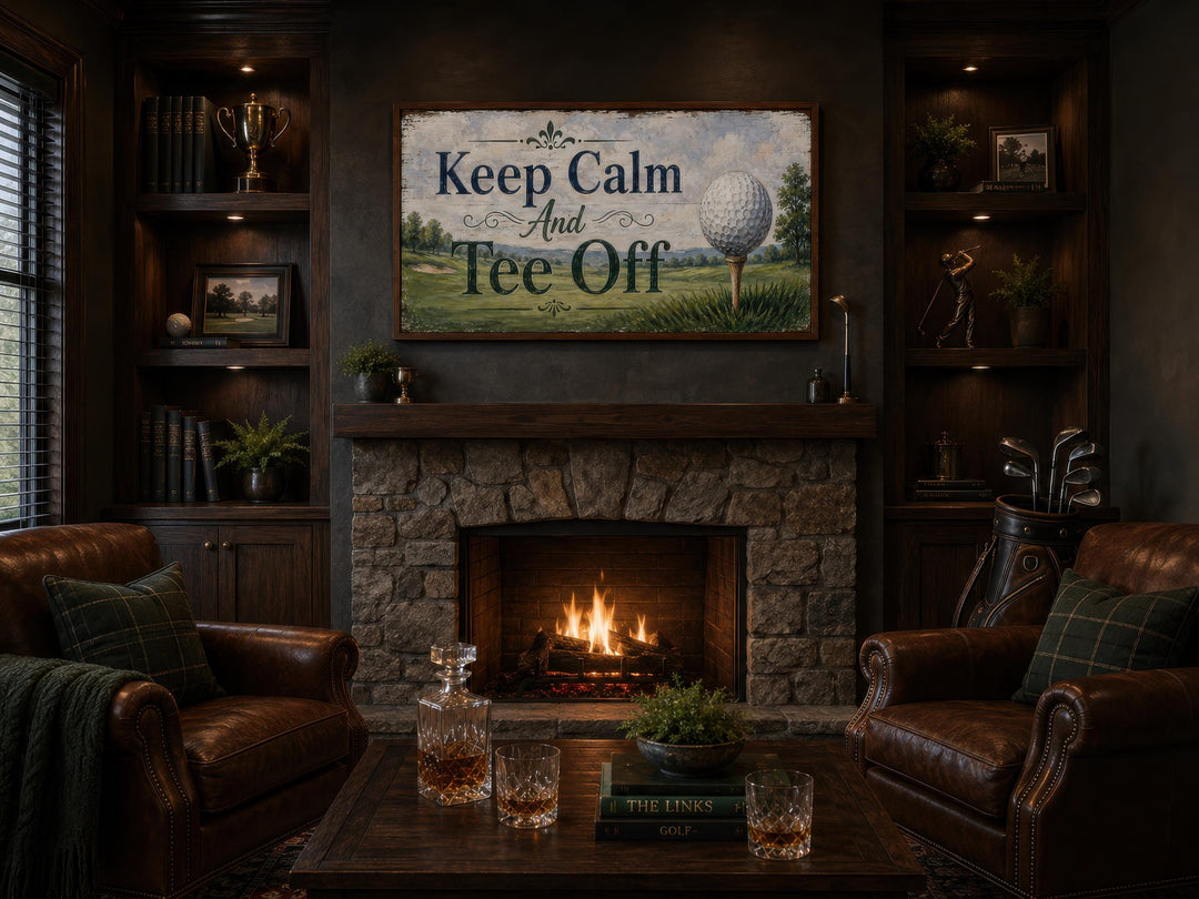 Keep Calm and Tee Off vintage-style golf sign on canvas above a stone fireplace in a cozy study.