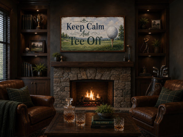 Keep Calm and Tee Off vintage-style golf sign on canvas above a stone fireplace in a cozy study.