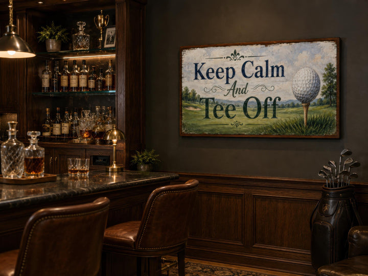 Vintage-style golf wall art with 'Keep Calm and Tee Off' text in a sophisticated home bar setting.