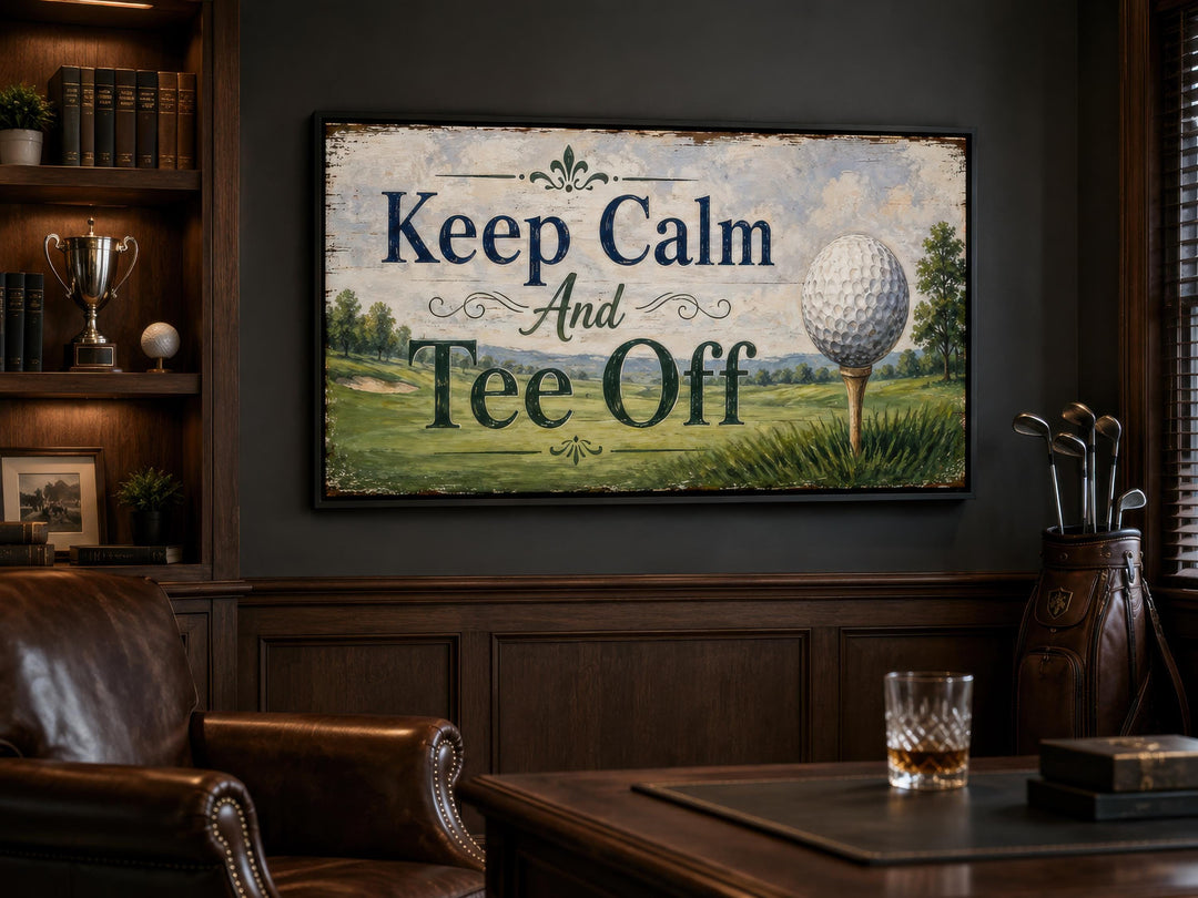 Vintage-style golf wall art with 'Keep Calm And Tee Off' text in a dark wood-paneled office.