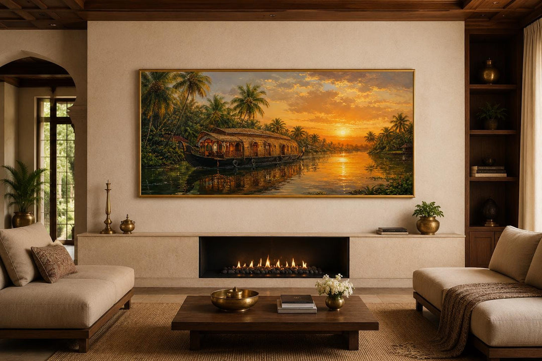 Kerala backwaters houseboat sunset painting on canvas above a fireplace in a warm living room.