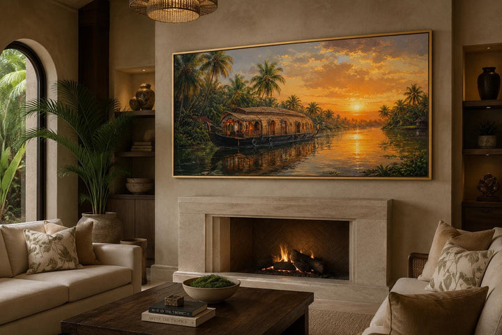 Kerala Backwaters houseboat sunset canvas wall art hanging above a fireplace in a living room.