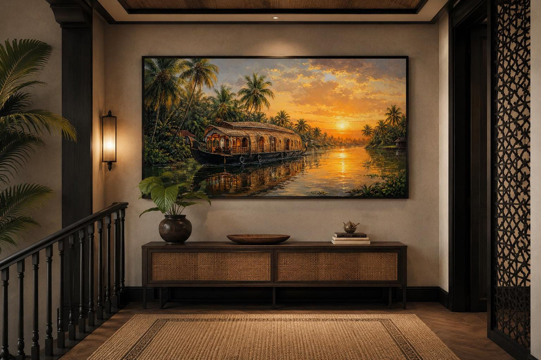 Kerala Backwaters houseboat at sunset canvas wall art hanging in a warm, elegant living room.