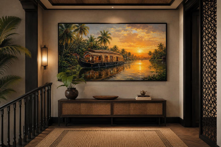 Kerala Backwaters houseboat at sunset canvas wall art hanging in a warm, elegant living room.