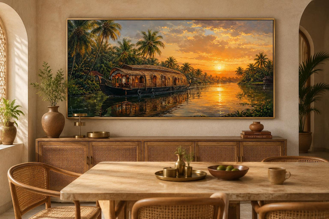 Kerala Backwaters houseboat painting at sunset on a canvas wall art in a warm-toned dining room.