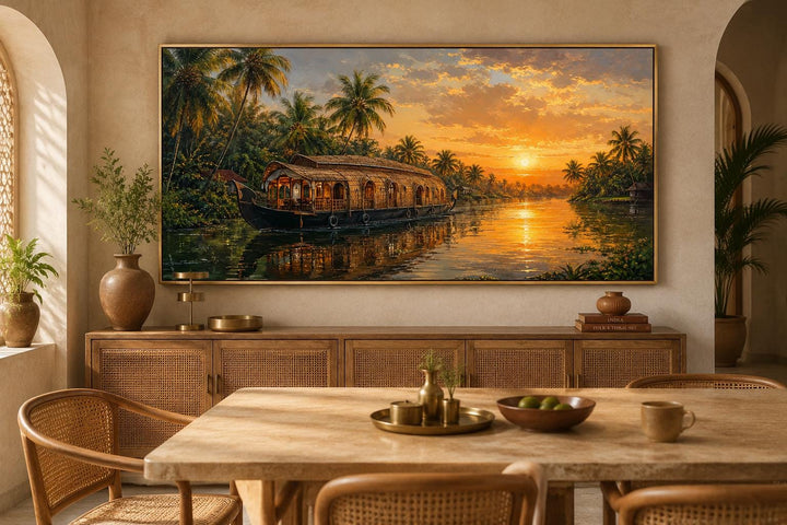 Kerala Backwaters houseboat painting at sunset on a canvas wall art in a warm-toned dining room.